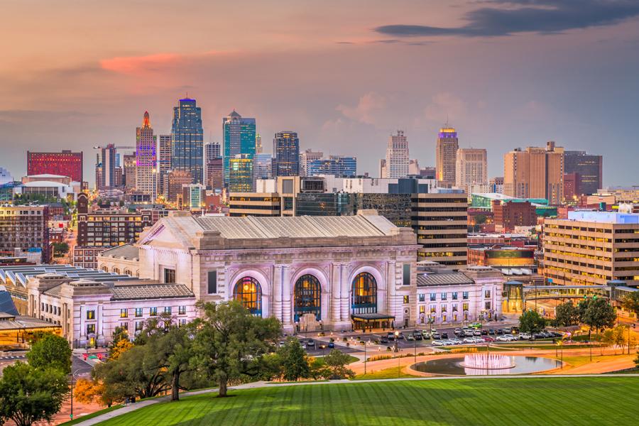 Kansas City downtown skyline at sunset