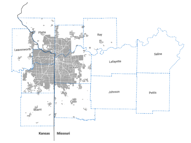 A map of the Destination Safe counties, which include Leavenworth, Wyandotte, Johnson and Miami in Kansas, and Platte, Clay, Ray, Jackson, Lafayette, Saline, Cass, Johnson and Pettis in Missouri