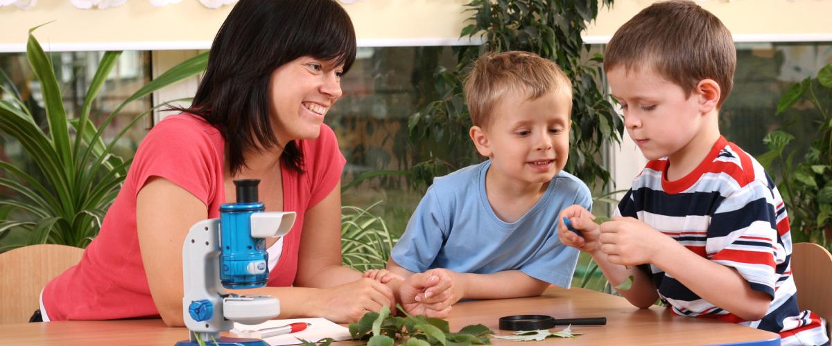A teacher with young two boys as they use a microscope to examine leaves