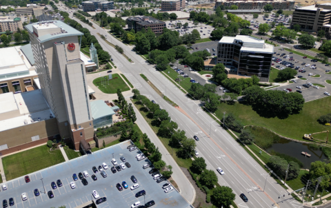 Aerial view of Overland Park convention center and hotel along the corridor of College & Metcalf