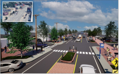 Rendering of Southwest Boulevard improvements with pedestrian median lane and painted crosswalks